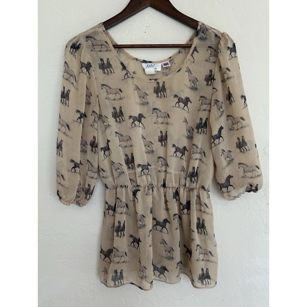 Vintage 70s 80s Jody California Sheer Horse Print Top Puff‎ Sleeve Equestrian M